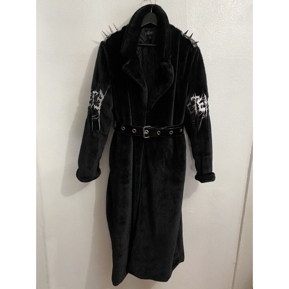 Widow Dolls Kill Black Faux Fur Belted Spike Trench Coat XXL Embroidered Eternal